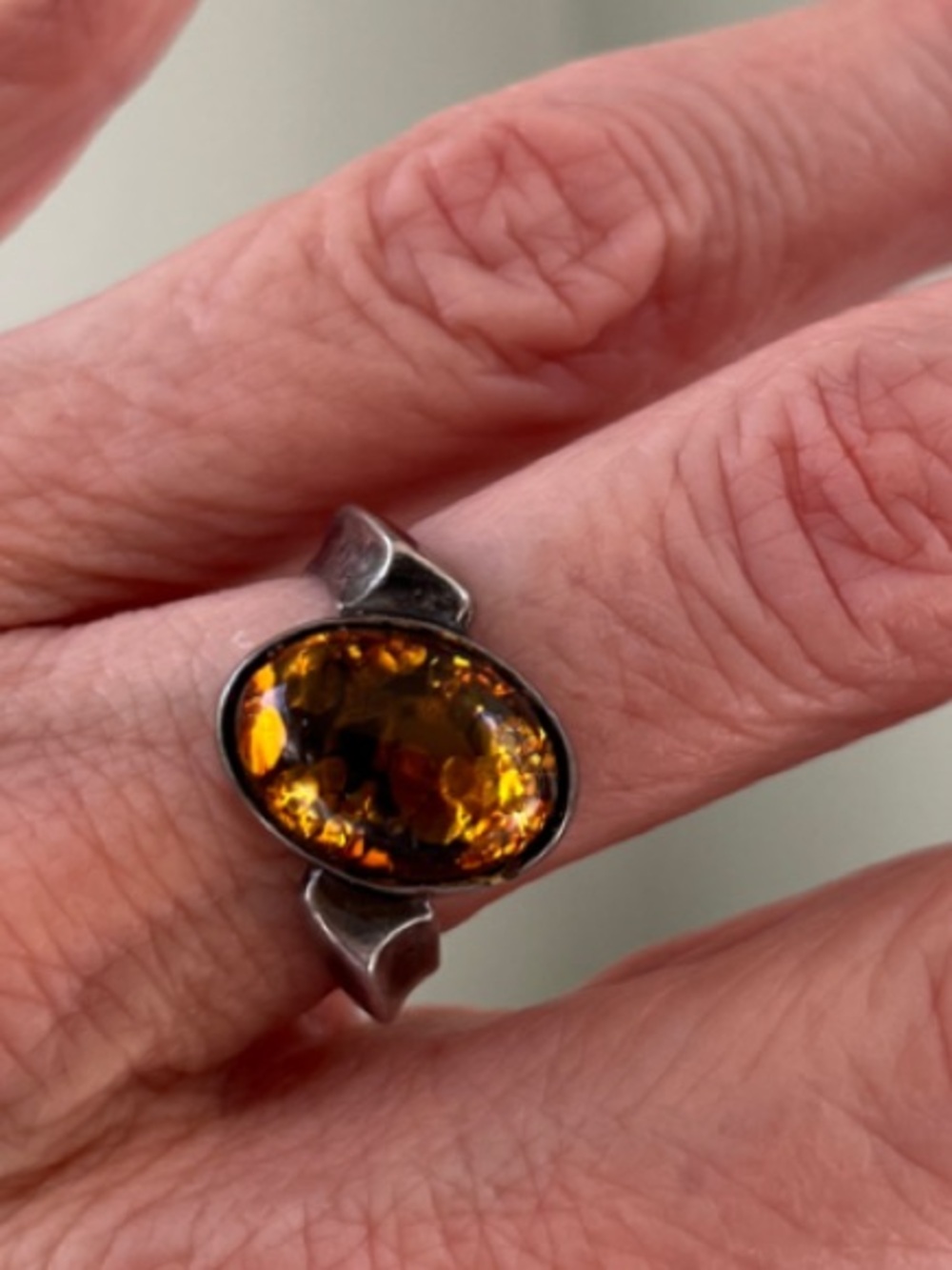 Sterling Silver Amber Cabochon Ring - Amber
